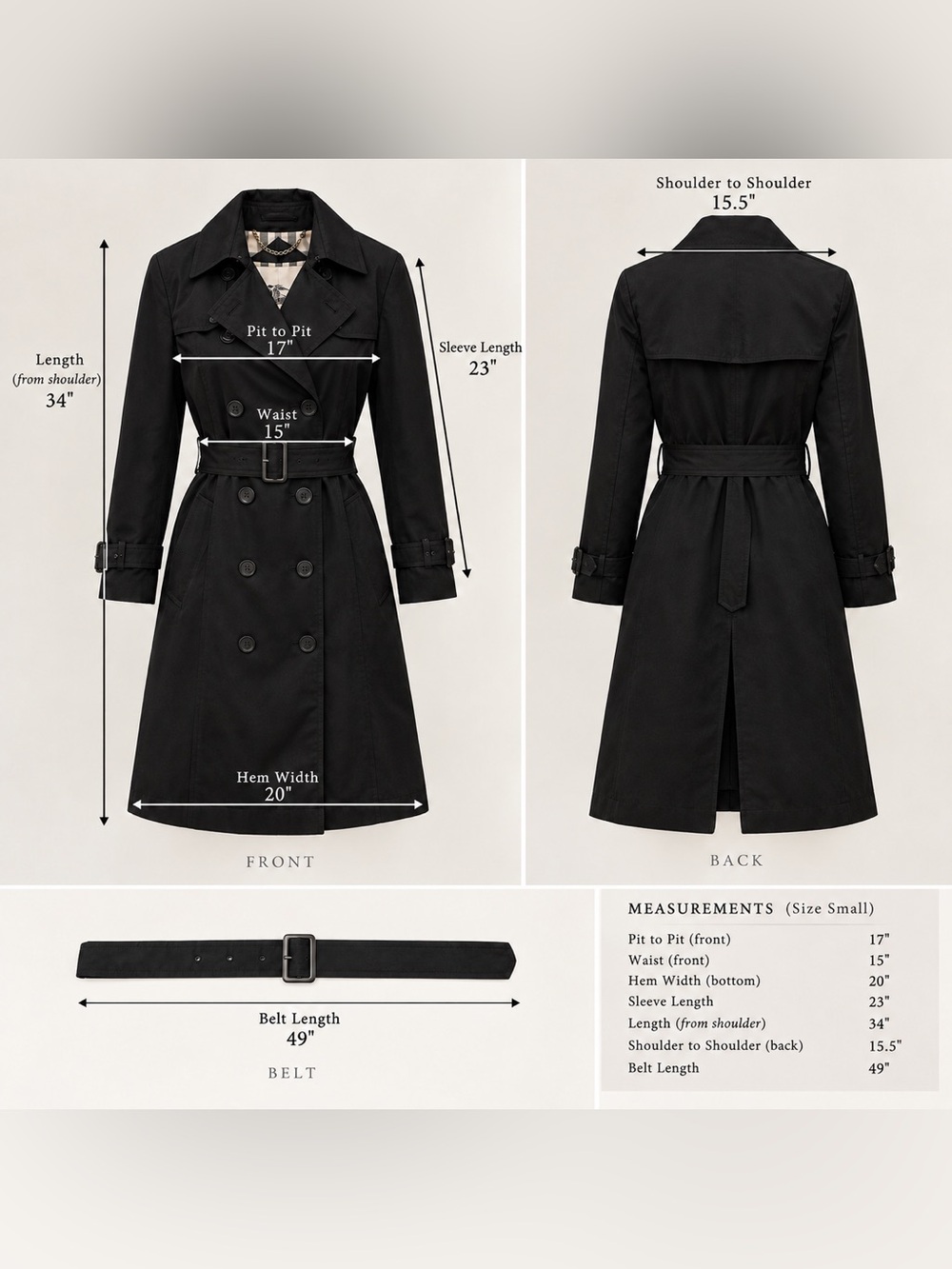 Burberry London Black 100% Cotton Gabardine Trench Coat Made in England Size 2 - Picture 5 of 17